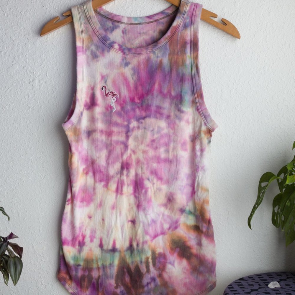 Upcycled Reverse Bleach Tie Dye Pink Flamingo XL Tank Top